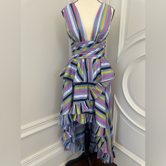 Caroline Constas Multicolored Striped Co Ord High Low Skirt w/ Peplum Top (XS) - Picture 2 of 12